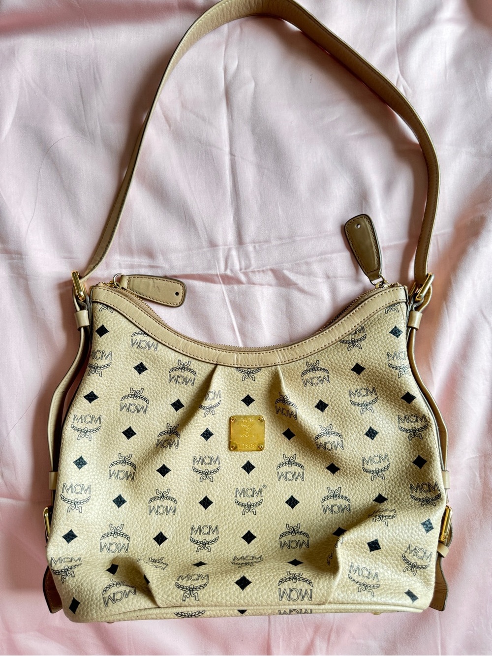MCM Tan Monogram Hobo Bag with Gold Plaque